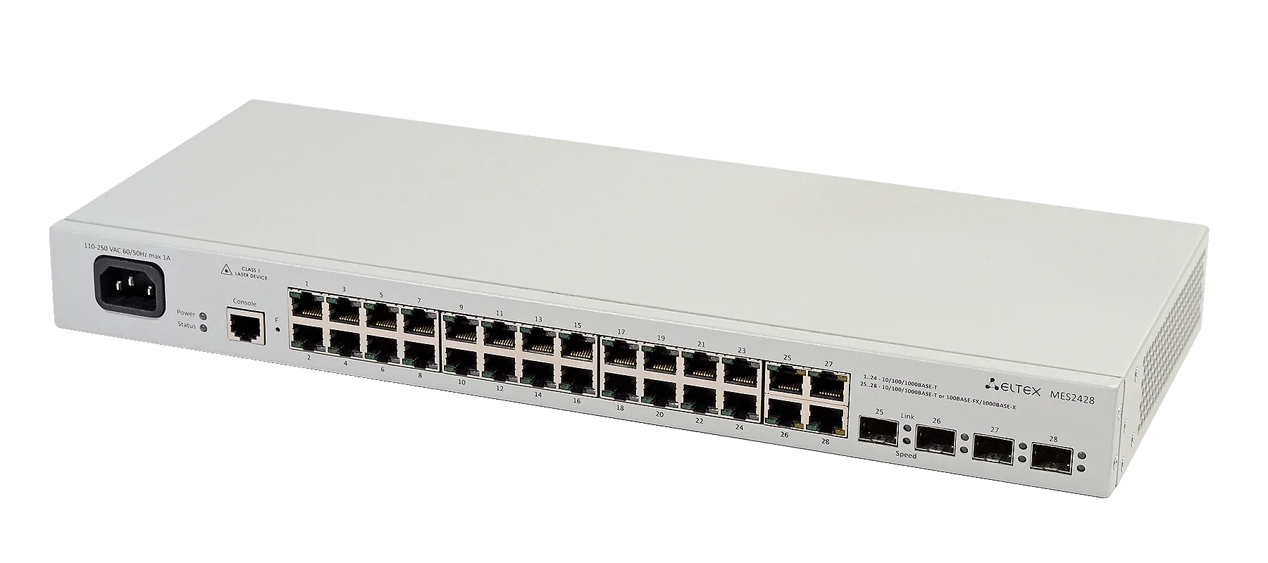Ethernet-коммутатор MES2428P, 24xPoE/PoE+ (1G) + 4xCombo (RJ45/SFP), L2, 220V AC
